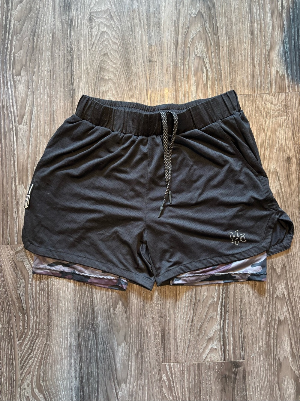 YoungLA Black Athletic Layered Shorts with Camo Liner
